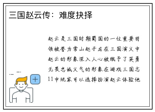 三国赵云传：难度抉择