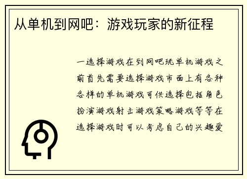 从单机到网吧：游戏玩家的新征程